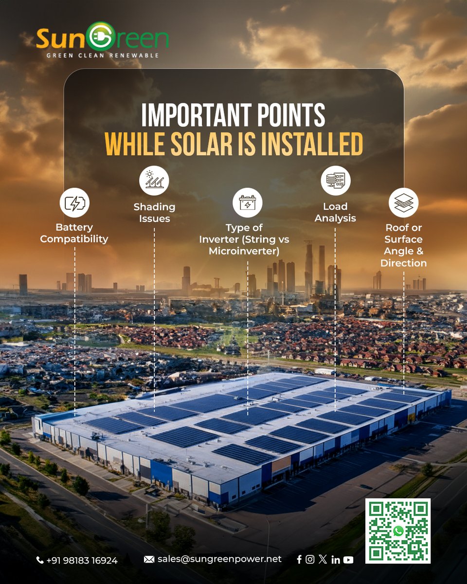 SungreenP's tweet image. Before going solar, make sure every detail shines right — from inverter choice and load needs to perfect panel placement. Smart planning leads to powerful performance. ⚡☀️

To know more, visit us - sungreenpower.net
Call us at +91 98183 16924

#GreenTechRevolution