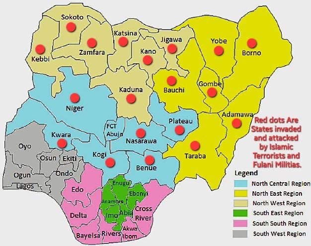 The red dots show the States already invaded and attacked by Boko Haram, ISWAP, and Fulani Militias. As shown, the country Nigeria is almost captured and the capital city has been encircled. With the recent terrorist attack on Christ Apostolic Church in Eruku, Kwara State, they