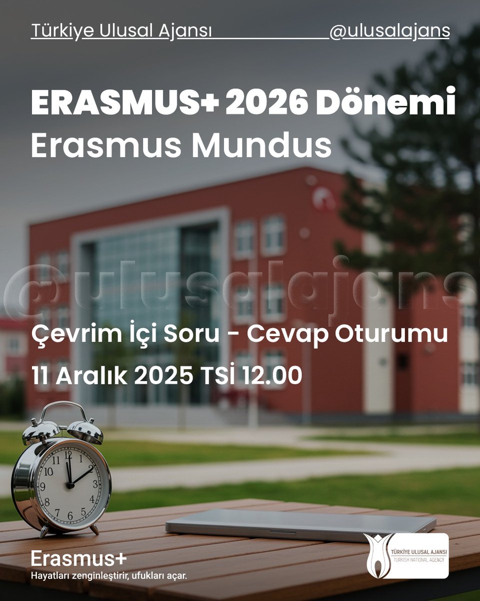 📌Erasmus+ Programında merkezi olarak başvuruları alınacak olan Erasmus Mundus 2026 çağrısına ilişkin çevrim içi soru-cevap oturumuna davetlisiniz.
Erasmus Mundus yükseköğretim kurumlarında mükemmeliyeti ve dünya çapında uluslararasılaşmayı, yüksek lisans düzeyindeki eğitim