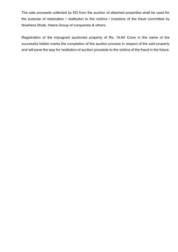 dir_ed's tweet image. ED, Hyderabad Zonal Office, has successfully auctioned one attached immovable property of accused Nowhera Shaik (Heera Group of companies) at Rs. 19.64 Crore. The registration of the said property, in the name of the buyer, has been completed before the Sub-Registrar’s office on…