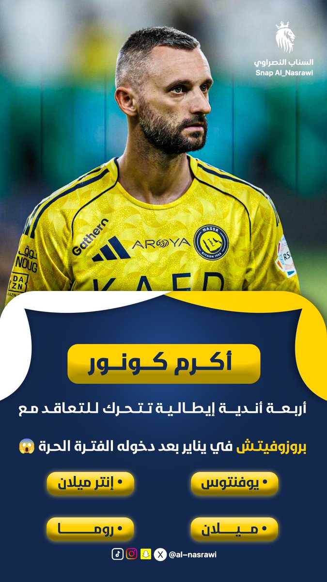 🚨🚨🚨‼️
أربعة أندية من إيطاليا تستهدف نجم #النصر بروزوفيتش!