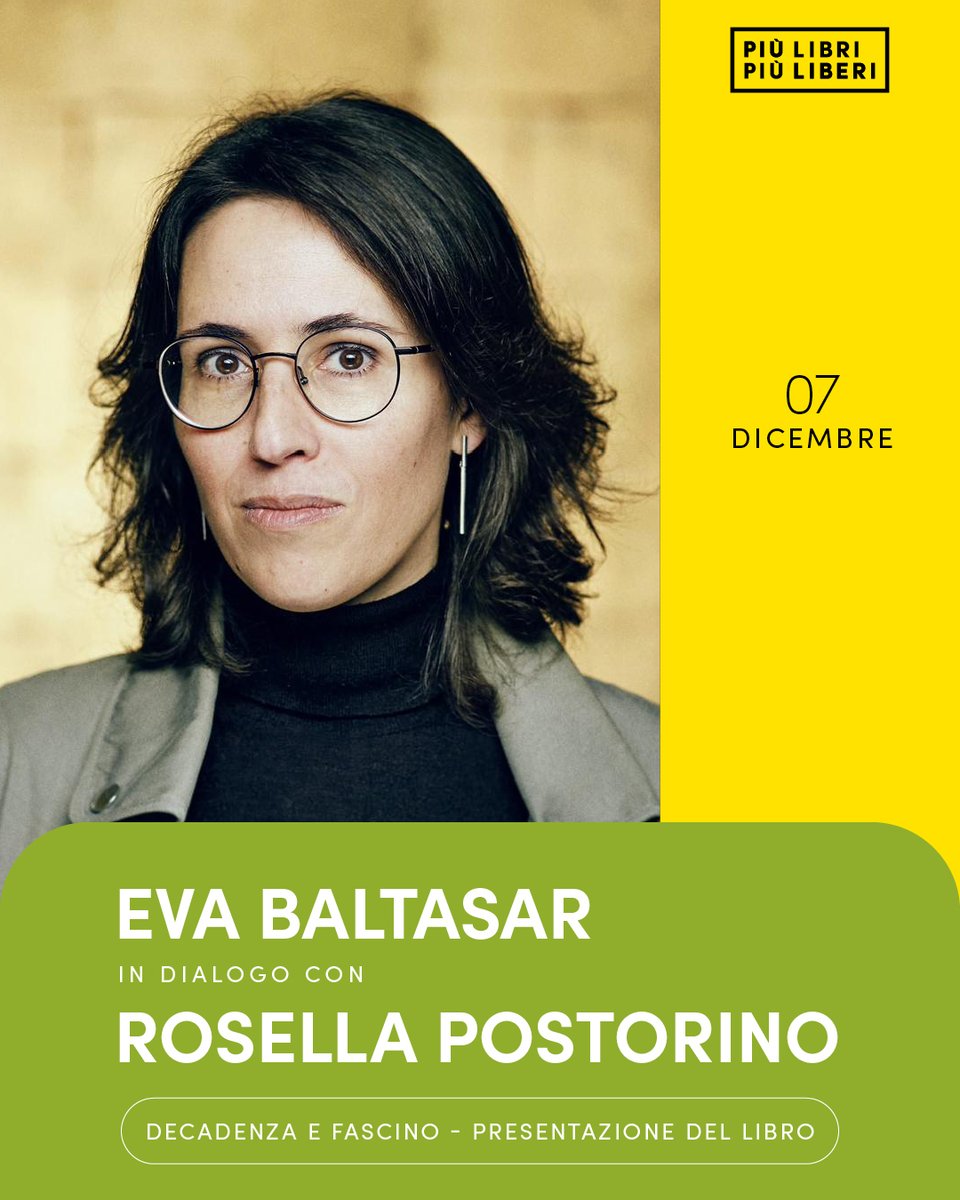 piulibri25's tweet image. Eva Baltasar presenterà a #piulibri25 il suo nuovo romanzo “Decadenza e fascino”, un libro lirico e potente.
L'autrice dialogherà con Rosella Postorino; incontro introdotto da Lavinia Azzone.

📆 Domenica 7 dicembre, ore 11:00
📍 Sala Elettra
A cura di @FandangoLibri.