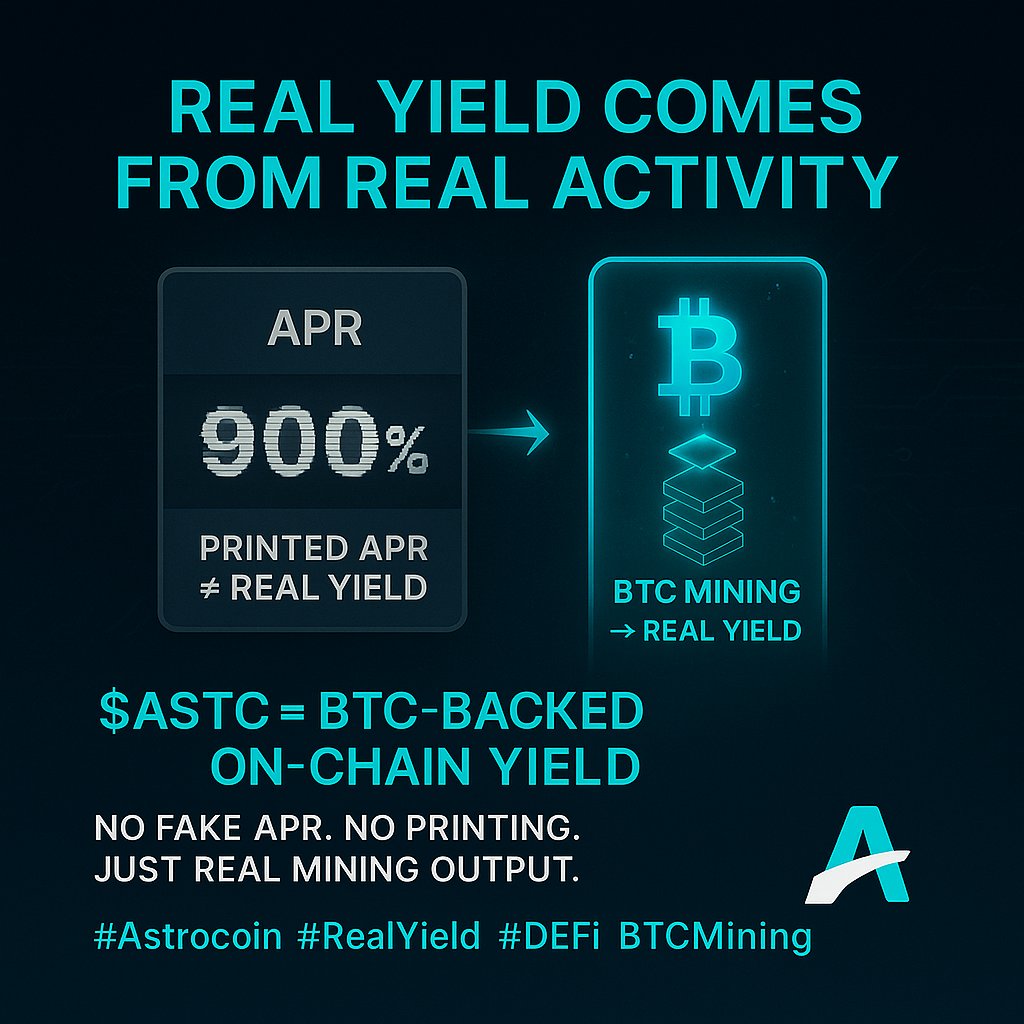 Astrocoin_ASTC's tweet image. “Real Yield” isn’t magic — it’s math.
No fake APR, no printed rewards.
Real economic activity = real value.
And for $ASTC, that value comes directly from BTC mining output — verifiable, transparent, on-chain.
#Astrocoin #RealYield #BTCMining #DeFi