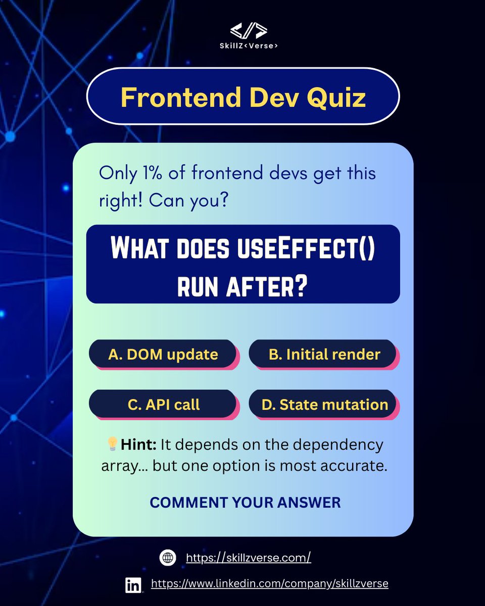 ravitej05387479's tweet image. Are you really a frontend pro? 🤔
Put your skills to the test! Today&apos;s quiz is for all React lovers — let’s see if you know how useEffect() behaves under the hood.
Drop your answer below 👇 and tag a friend who should try this too!

#frontenddevelopment #frontendquiz #reactjs
