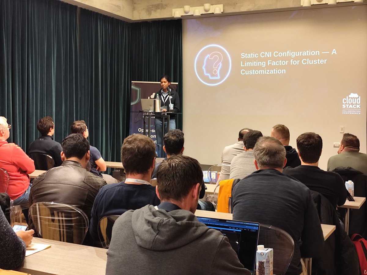 CloudStack's tweet image. In the Mercurio Room, Pearl Dsilva from @ShapeBlue walks through new #CloudStack Kubernetes Service enhancements since 4.21, including template registration, per-node template and offering selection, dedicated etcd nodes, adding external nodes and CNI/CSI integration!