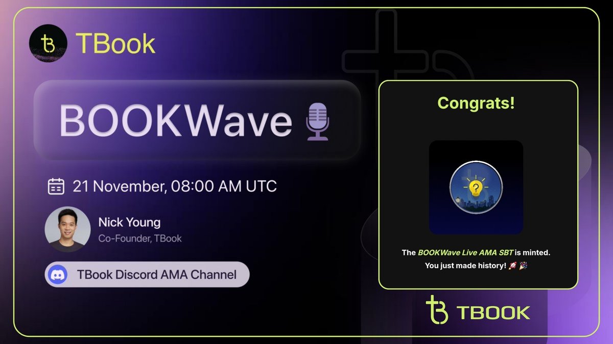 Just claimed my BOOKWave Live AMA SBT on <a href="/realtbook/">TBook</a> another great example of how verifiable contributions come to life on Sui! 

If you joined the AMA for 30+ minutes, your SBT is waiting. Claim it here:
 engage.tbook.com/tbook-communit…

TBook is building a new layer of on-chain loyalty