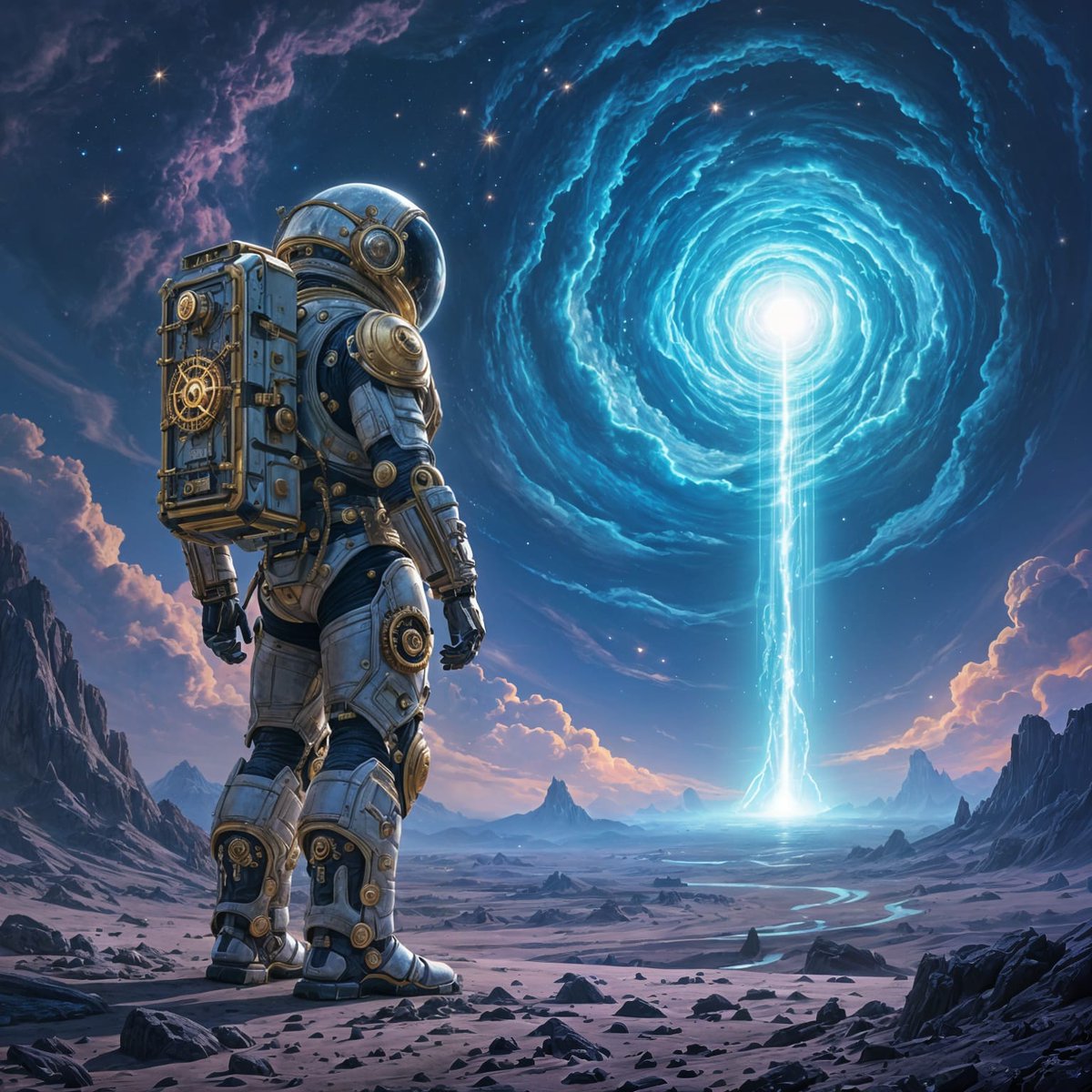 AIGlamourShots's tweet image. Stepping into the great unknown. What lies on the other side of this cosmic gate? The universe is constantly challenging us to look up, look out, and venture further.
#SpaceExplorer #SciFiArt #CosmicVoyage #BeyondTheStars #NewWorlds #AstronautLife