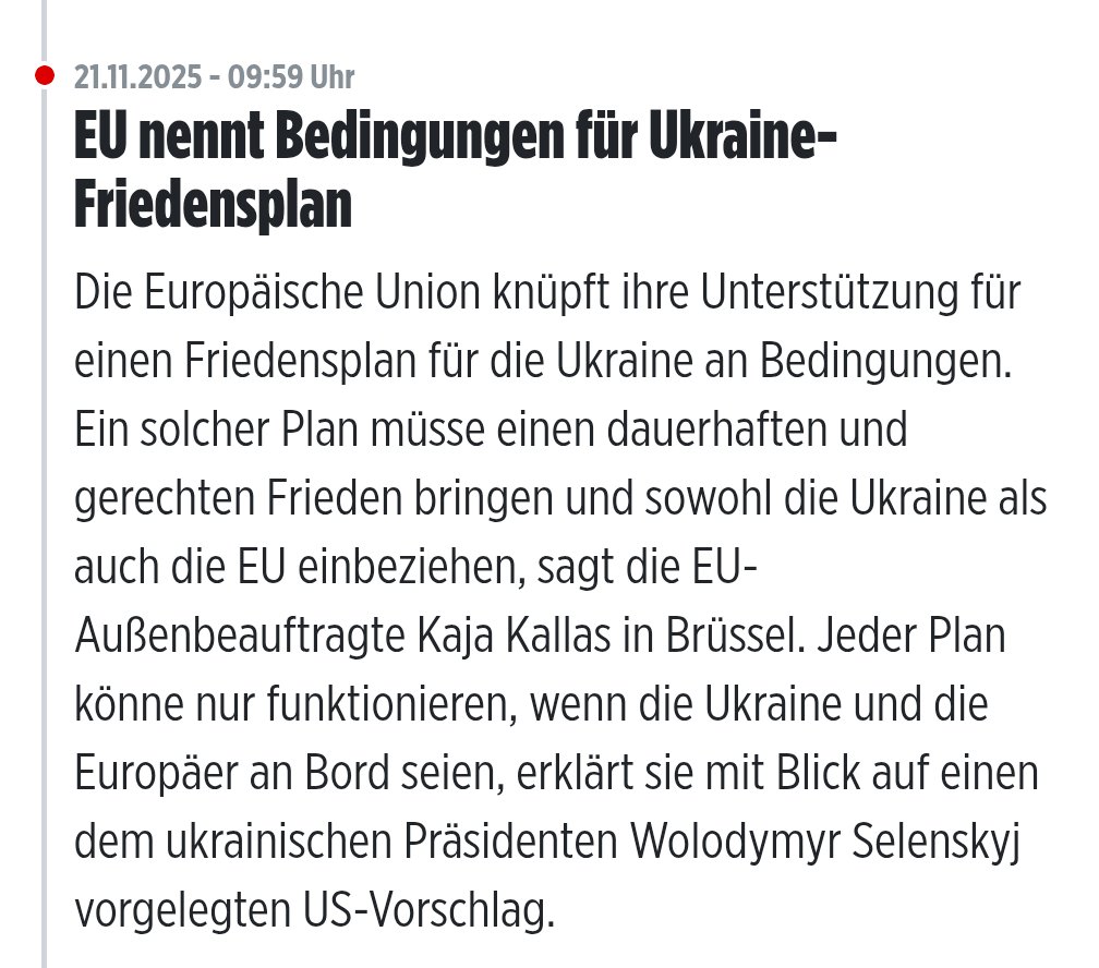Man sieht deutlich, dass das ganze Gerede von ‚Werten‘ und ‚Freiheit verteidigen‘ nur vorgeschoben ist. Da kommt ein neuer Friedensplan, der das massenfache Sterben endlich beenden könnte, und wie reagieren diese EU-Eliten? Sie haben Sorge um ihre Macht und ihren Einfluss. Damit