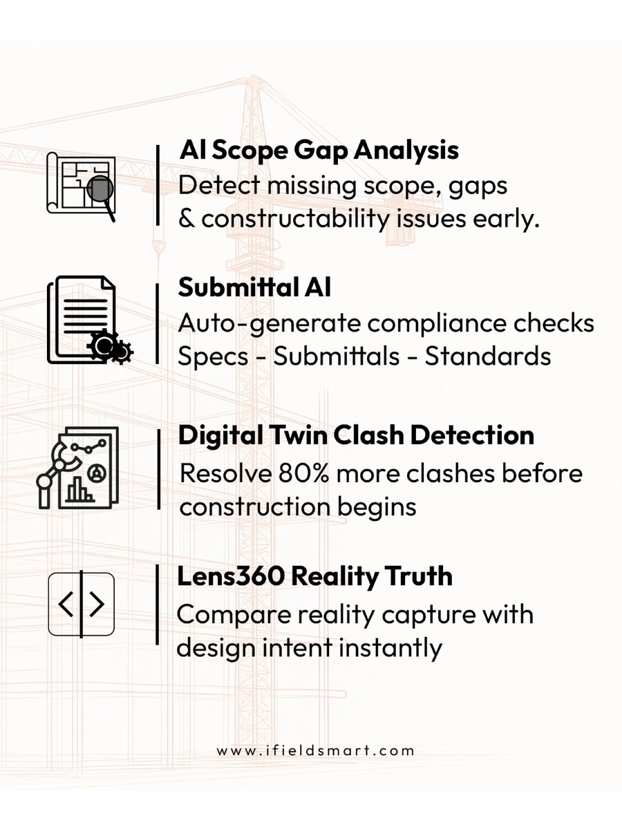 iFieldSmart_'s tweet image. The future of buildability isn’t manual — it’s intelligent.

#iFieldSmart #ConstructionAI #BIM #Constructability #DigitalTwin #ScopeGapAnalysis #SubmittalAI #RealityCapture #Lens360 #ConstructionTechnology #AECInnovation #VDC #ConstructionManagement #ClashDetection