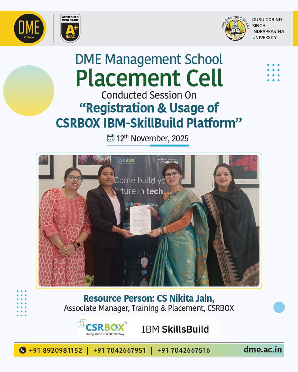 dmenoida62's tweet image. Empowering students with industry-ready skills!

Placement Cell of DME Management School hosted CS Nikita Jain, Associate Manager, Training &amp;amp; Placement, CSRBOX, for a session on IBM SkillBuild Platform.
#DMEProud #IBMSkillBuild #CSRBOX #EdTech #FutureReady