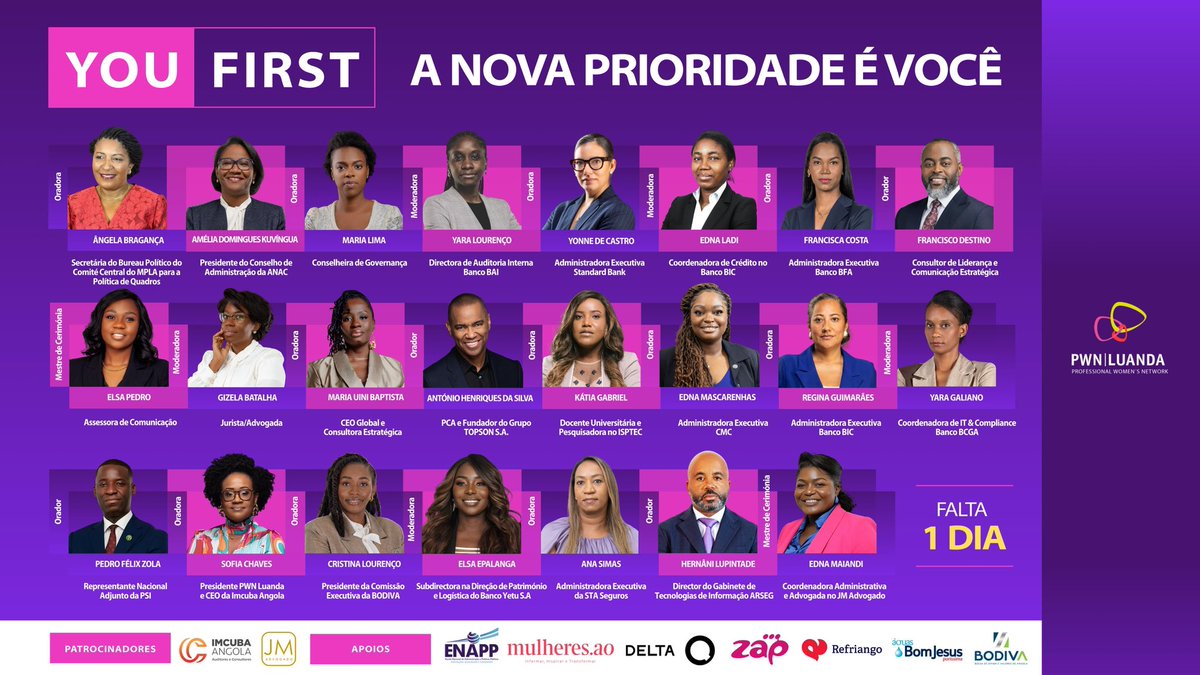 PWNLuanda's tweet image. ✨ Save the Date | 22 de Novembro de 2025 ✨

📍 22-NOV-2025 | 9h30 - 15h30 |  Local: ENAPP (Samba)

Inscrições: pwnluanda.net/evento-anual/

Para mais Informações entre em contacto com: 
pwnluanda@pwnluanda.net | +244 921 641 797

#PWNLuanda #YouFirst #Empoderamento #Networking