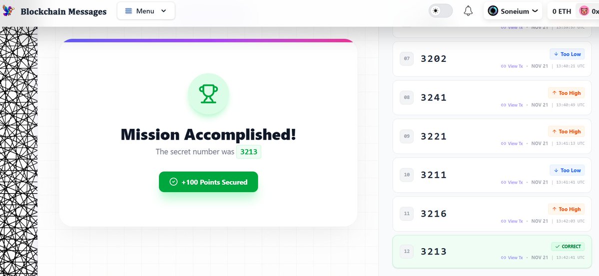 compound0x's tweet image. I just secured my first win in @blockchainmsgs season 2
&amp;gt; the challenge is to guess 4-digits number
&amp;gt; you have 15 attempts
&amp;gt; i did guess 12x and got it right!
&amp;gt; so every 3 days there will be new game
&amp;gt; and this gives me @soneium score too