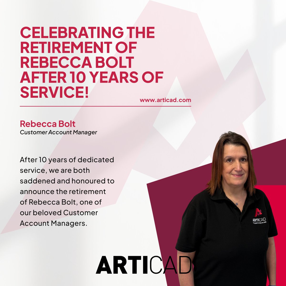 ArtiCADDesign's tweet image. After 10 incredible years with ArtiCAD, we are both saddened and deeply honoured to announce the retirement of our much-loved Customer Account Manager, Rebecca Bolt.

Please join us in wishing her a joyful, well-deserved retirement! 

#articad #kbb