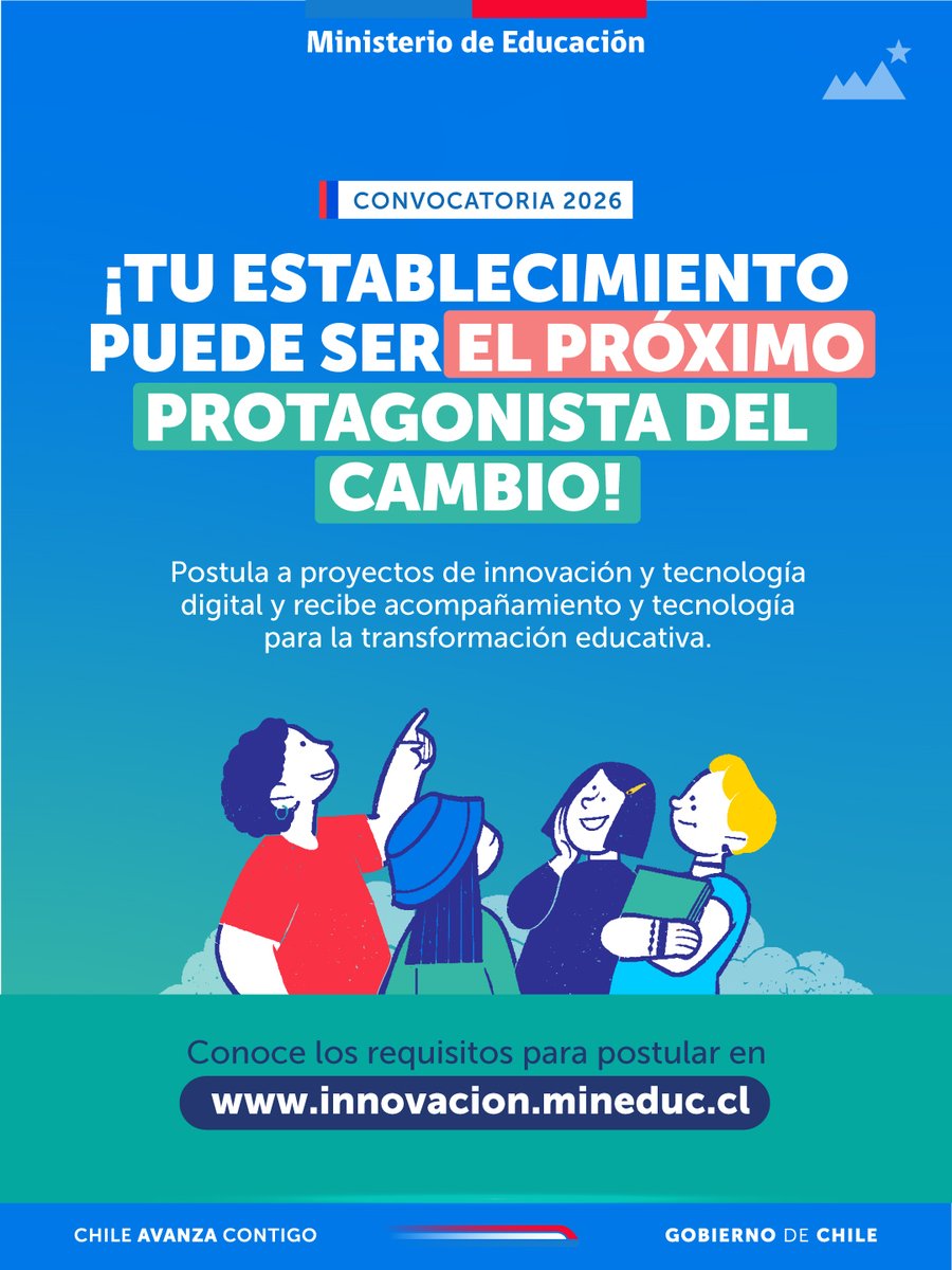📣 Esta iniciativa busca fortalecer la capacidad de desarrollar proyectos de innovación a través de talleres, acompañamiento e integración de equipamiento tecnológico, durante 2026 y 2027. 👩🏻‍💻💡

Infórmate y postula en innovacion.mineduc.cl 🔗