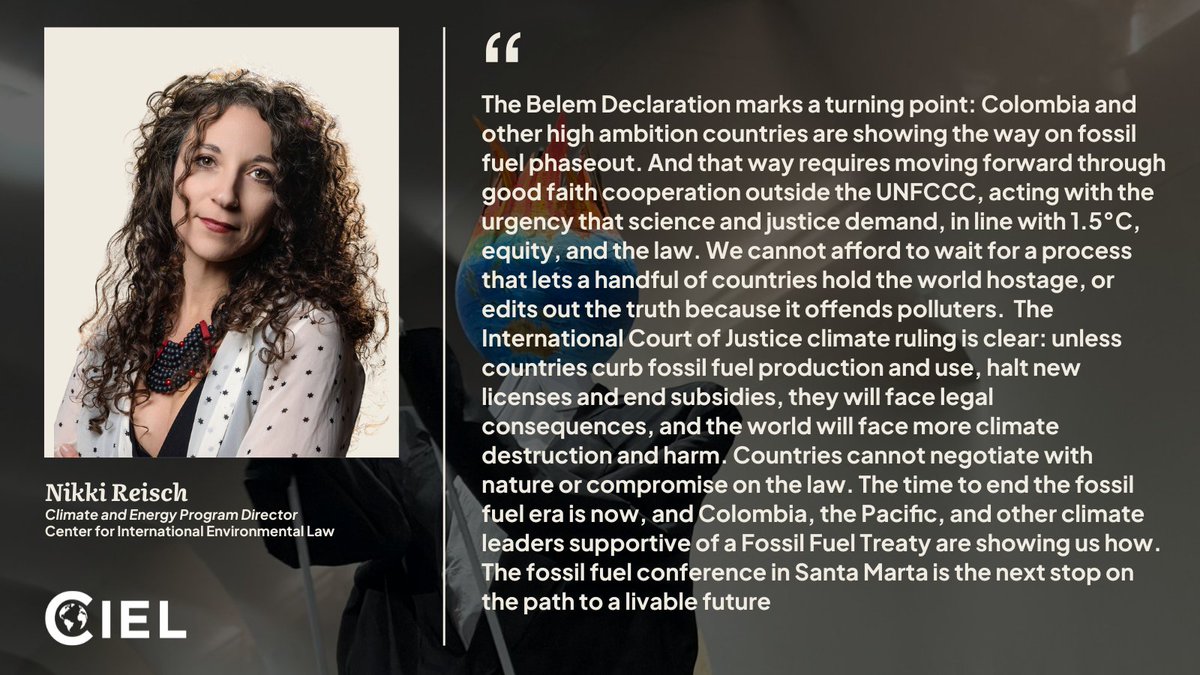 ciel_tweets's tweet photo. For 30+ years, the climate talks have failed to tackle the problem at its source: fossil fuels.
The #BelemDeclaration marks a turning point.
We cannot afford to wait for a process that lets few countries hold the world hostage, or edits out the truth because it offends polluters. https://t.co/dFOXZHNiuo
