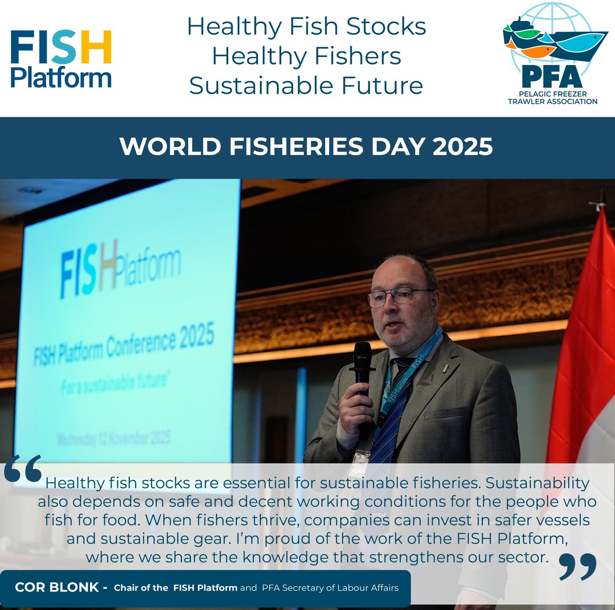 PFA_eu's tweet image. On #WorldFisheriesDay, we honour the fishers and communities who help feed the world — the backbone of global food security.

At last week’s @FISHplatform Conference in Bali, Cor Blonk underscored why the people behind the healthy food must be and remain a top priority.
