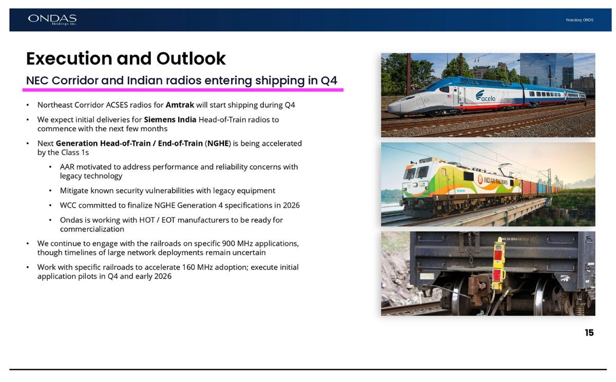ive_m5's tweet image. In the case of $ONDS, the orders have already been booked, and they are delivering this Quarter. That revenue will start to be recognized, both for Amtrak and India Railways.  Strong words such as &quot;will&quot; are very indicative of what is happening. Head of Train is another animal…
