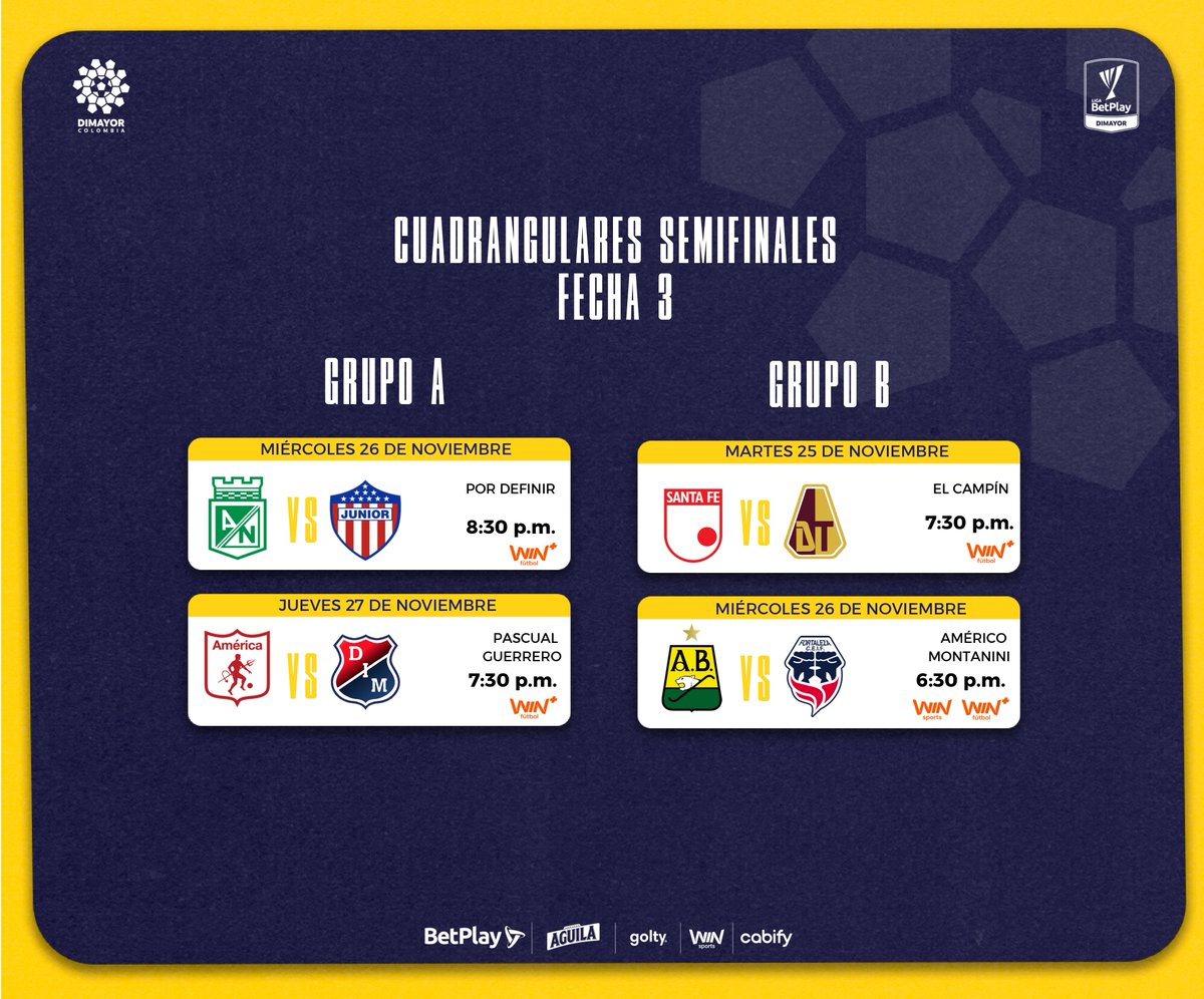 JuanAristiAngel's tweet image. Programación #Fecha3, de #Fecha4 y de #Fecha5 de cuadrangulares de @LigaBetPlayD II de @Dimayor del 2025; en el #GrupoA 3era America vs @DIM_Oficial jueves 27 noviembre 7:30pm; 4ta @DIM_Oficial vs America lunes 1 diciembre 8:00pm y 5ta Nacional vs @DIM_Oficial jueves 4 diciembre