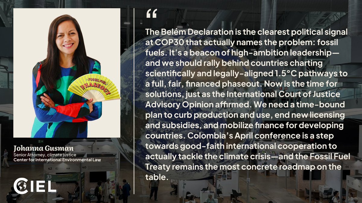 ciel_tweets's tweet image. TODAY at #COP30, Colombia is making history: The country is rallying nations behind real action to phase out #FossilFuels, as science and the law demand.

‼️ This is a BIG political signal: high-ambition countries are stepping up where many others aren’t.

A 🧵 👇