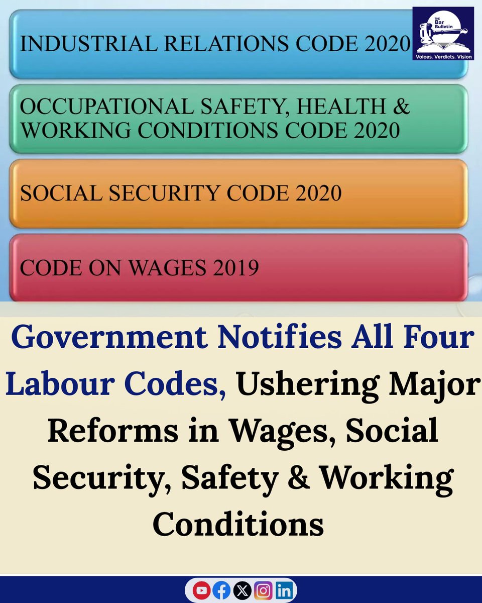 thebarbulletin's tweet image. Government Notifies All Four Labour Codes, Ushering Major Reforms in Wages, Social Security, Safety &amp;amp; Working Conditions

Read more thebarbulletin.com/government-not…

#LabourReforms #LabourCodes #WagesCode #SocialSecurityCode #IndustrialRelationsCode #OSHWC #WorkerWelfare…