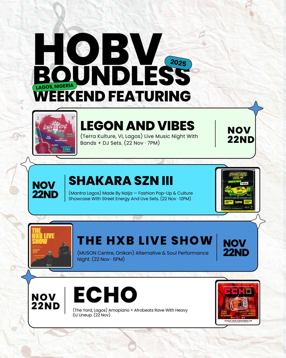 hofbvibes's tweet photo. HOBV WEEKEND GUIDE
Lagos is stacked with vibes Legon Vibes, Shakara Szn III, HXB Live, ECHO, Outer Space Party & moreπ₯
Where are you pulling up?
#HOBVWeekendGuide #BoundlessVibes https://t.co/DXH9qAnTKj