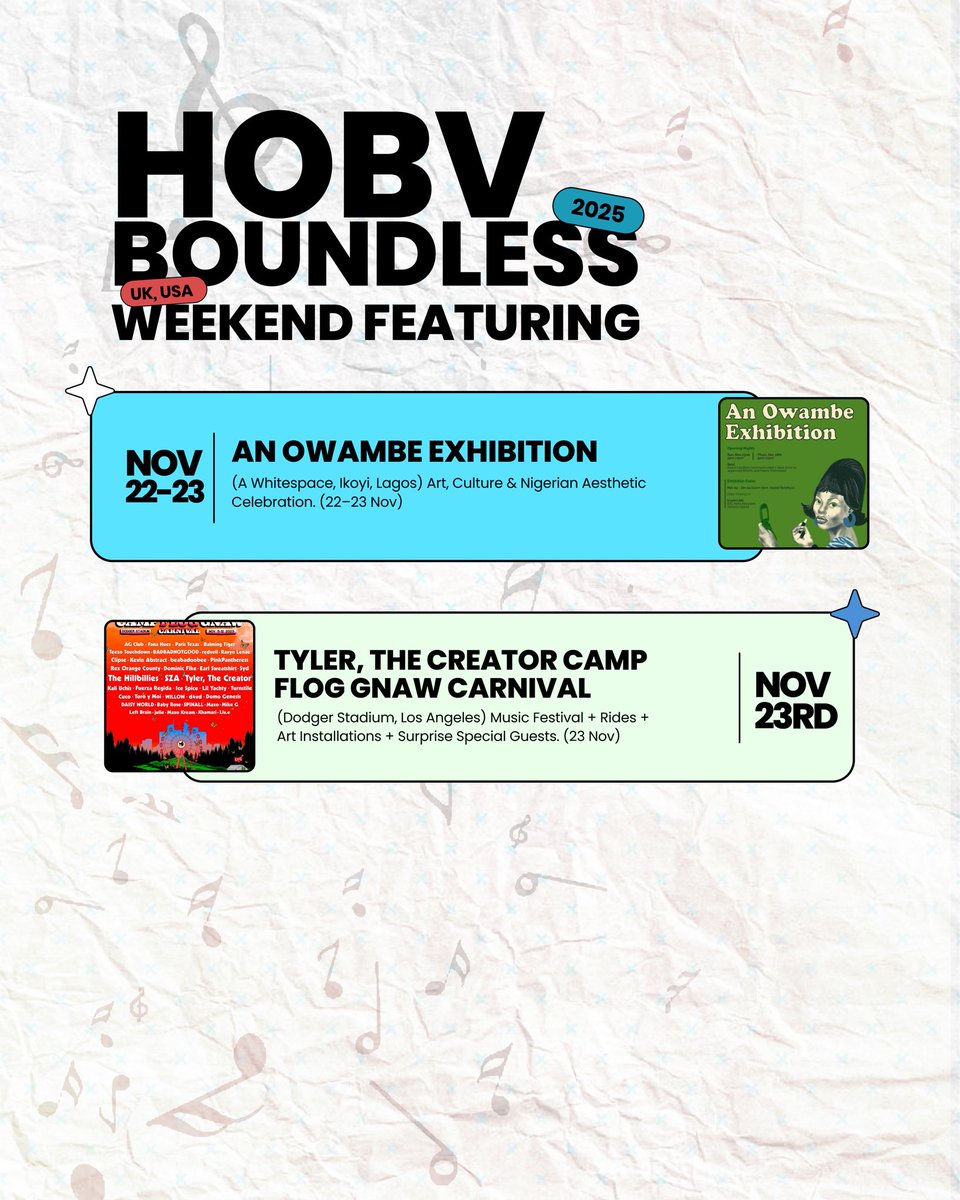 hofbvibes's tweet photo. HOBV WEEKEND GUIDE
Lagos is stacked with vibes Legon Vibes, Shakara Szn III, HXB Live, ECHO, Outer Space Party & moreπ₯
Where are you pulling up?
#HOBVWeekendGuide #BoundlessVibes https://t.co/DXH9qAnTKj