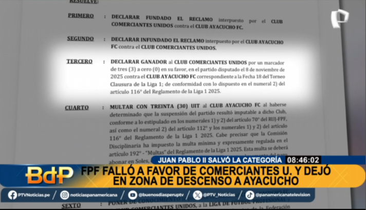 PTV_Noticias's tweet photo. BDP EnVivo | COMPLICADA SITUACIÓN. @TuFPF falló a favor de #ComerciantesUnidos y dejó en zona de descenso a #AyacuchoFC. En tanto, #JuanPabloII salvó la categoría.
Míranos EN VIVO ►https://t.co/gj7lGwHjDs
#PanamericanaTelevisión Raúl Romero https://t.co/aXDXPV6Uly