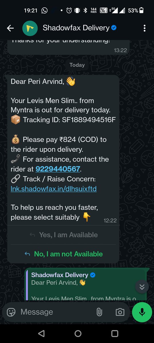 peri_arvind's tweet photo. @shadowfax_in Team 

Still the issue is not resolved ,I am sharing the Delivery Executive no .He is deliberately trying to delay the Order delivery even not lifting the calls .will go go consumer court to sue shadow fax if delivery is not made https://t.co/huuWJroi6F