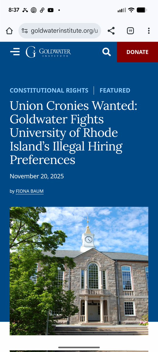 1/ I sued the University of Rhode Island for violating my First Amendment rights. 

URI didn't hire me bc I'm not a union member of NEARI. That's unconstitutional. 

I should not have to pay dues &amp; pledge fealty to unions just to be eligible for a govt job. 

Article next post👇🏻