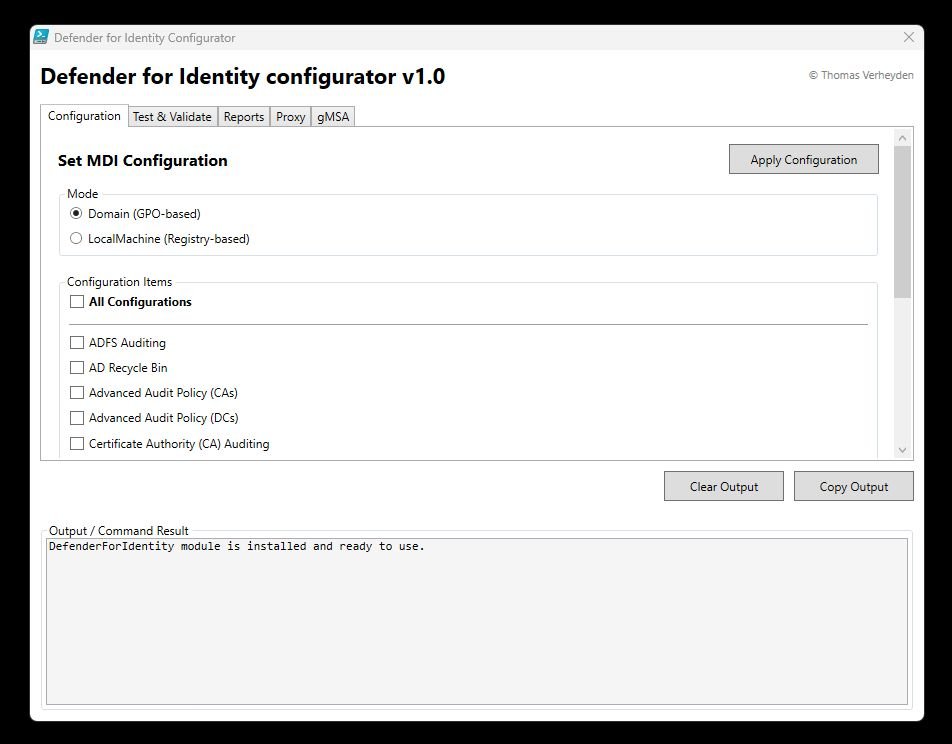 New open source tool: MDI-configurator v1.0

This PowerShell script provides a comprehensive WPF-based GUI wrapper around the Microsoft Defender for Identity PowerShell module. It simplifies the configuration, testing, and management of MDI deployments. github.com/v3rtho/MDI-con…