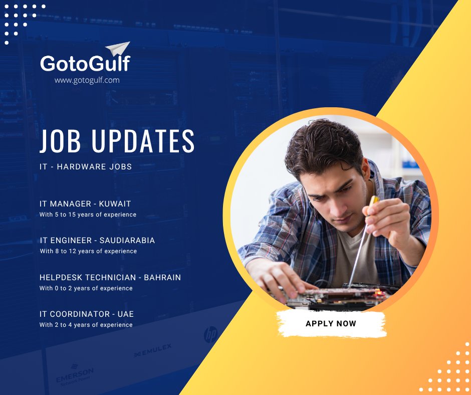 GotoGulf's tweet image. Click on the below link to apply for the job vacancies,
gotogulf.com/PublicSearchVi…
#jobseekers #ITManager #ITEngineer #Helpdesktechnician #ITCOORDINATOR #Qatar #UAE #saudiarabia #Bahrain #GCC