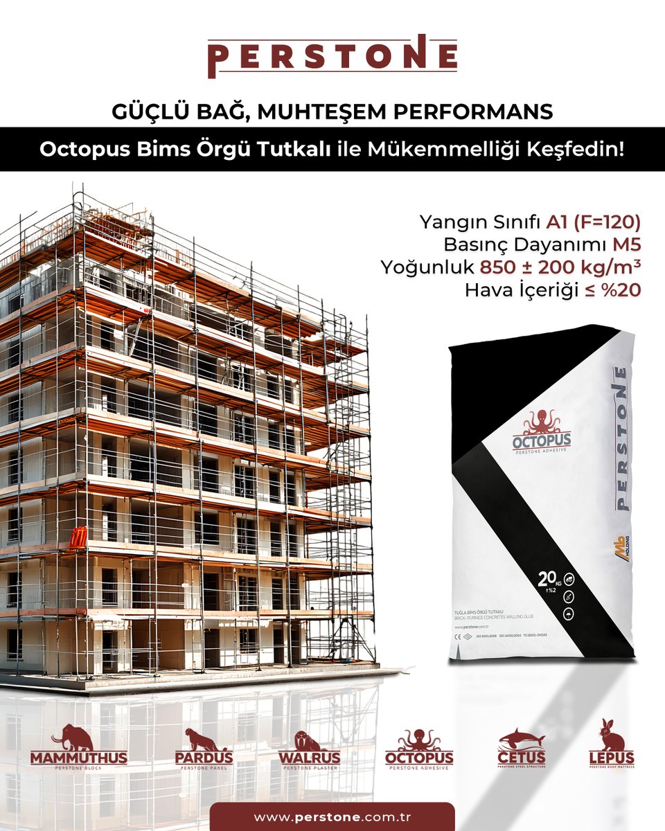 Perstone’un perlit içerikli Octopus Bims Örgü Harcı, yalıtımda üstün performans sunar. 850±200 kg/m³ yoğunluğa, M5 basınç dayanımına ve ≤ %20 hava içeriğine sahip olan bu ürün, A1 (F=120) yangın sınıfına sahip olmasıyla yangın tehlikelerine karşı en üst düzeyde koruma sağlar.