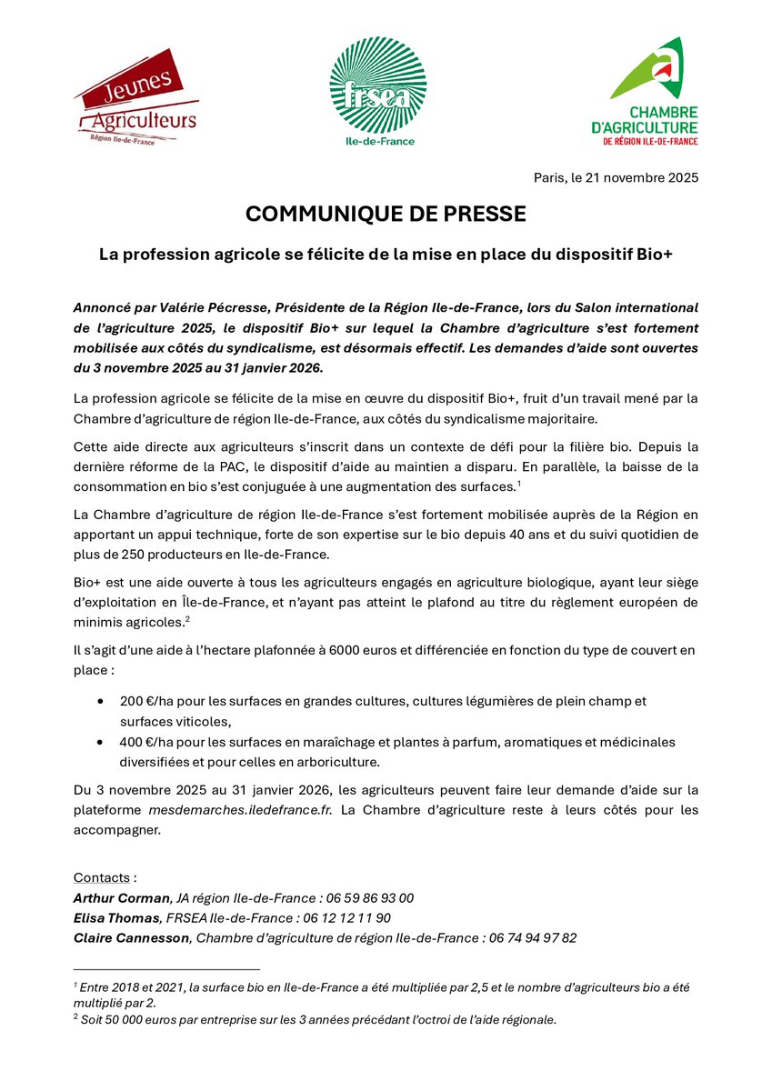 [✍️Communiqué de presse] La profession agricole se félicite de la mise en place du dispositif Bio+
👉ouvert aux agriculteurs bio d'Ile-de-France🌱
<a href="/GreffinDamien/">Damien GREFFIN</a> <a href="/vandaele_sa/">Samuel Vandaele</a> <a href="/TorpierC/">Torpier</a> <a href="/AgriAvenir/">Lefort Guillaume</a> <a href="/JAregionIDF/">JA Région IDF</a> <a href="/FrseaIDF/">FRSEA Ile de France</a>