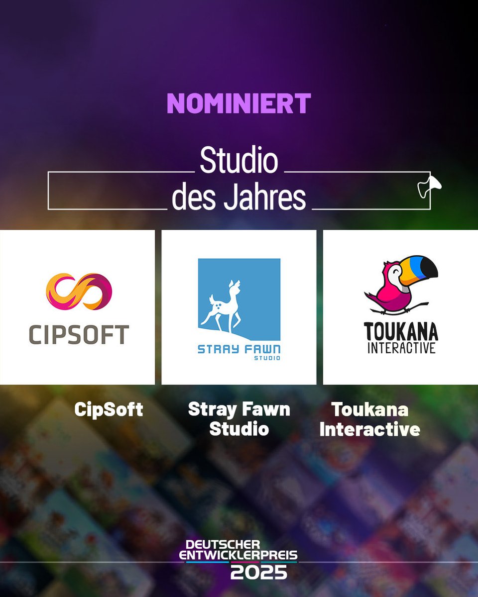 entwicklerpreis's tweet photo. Hinter jedem herausragenden Spiel steht ein Studio, das mit Vision, Leidenschaft und Teamgeist Außergewöhnliches schafft. ✨

Hier sind die Nominierten für 𝗦𝗧𝗨𝗗𝗜𝗢 𝗗𝗘𝗦 𝗝𝗔𝗛𝗥𝗘𝗦. 

👑 @CipSoft 
👑 @StrayFawnStudio  
👑 @_Toukana  

#DEP2025 https://t.co/IwVrkgGWtQ
