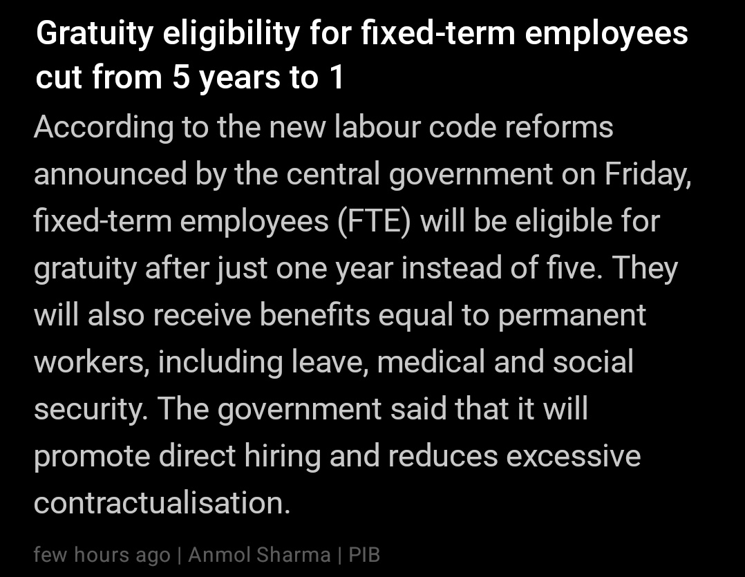 mainbhiengineer's tweet image. Gratuity will be payable after 1 year 

Many companies used to add gratuity as part of CTC and when you leave job before 5 years, they used to keep all money, now even after one year of job you&apos;ll be eligible to receive gratuity 👍