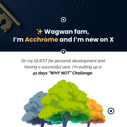 accylove10's tweet photo. Wagwan fam! I’m Acchrome and I'm new on X.
On my quest for personal development and having a successful year, I am putting up a 41 days WHY NOT’ Challenge. It’s nothing much than daily reflection, growth and embracing new opportunities till the year runs out.
#PersonalGrowth #challenge #40daysto2026 #acchrome 

#pulsefiesta #nysc #nigeria  #cubana #NnamdiKanu #davido