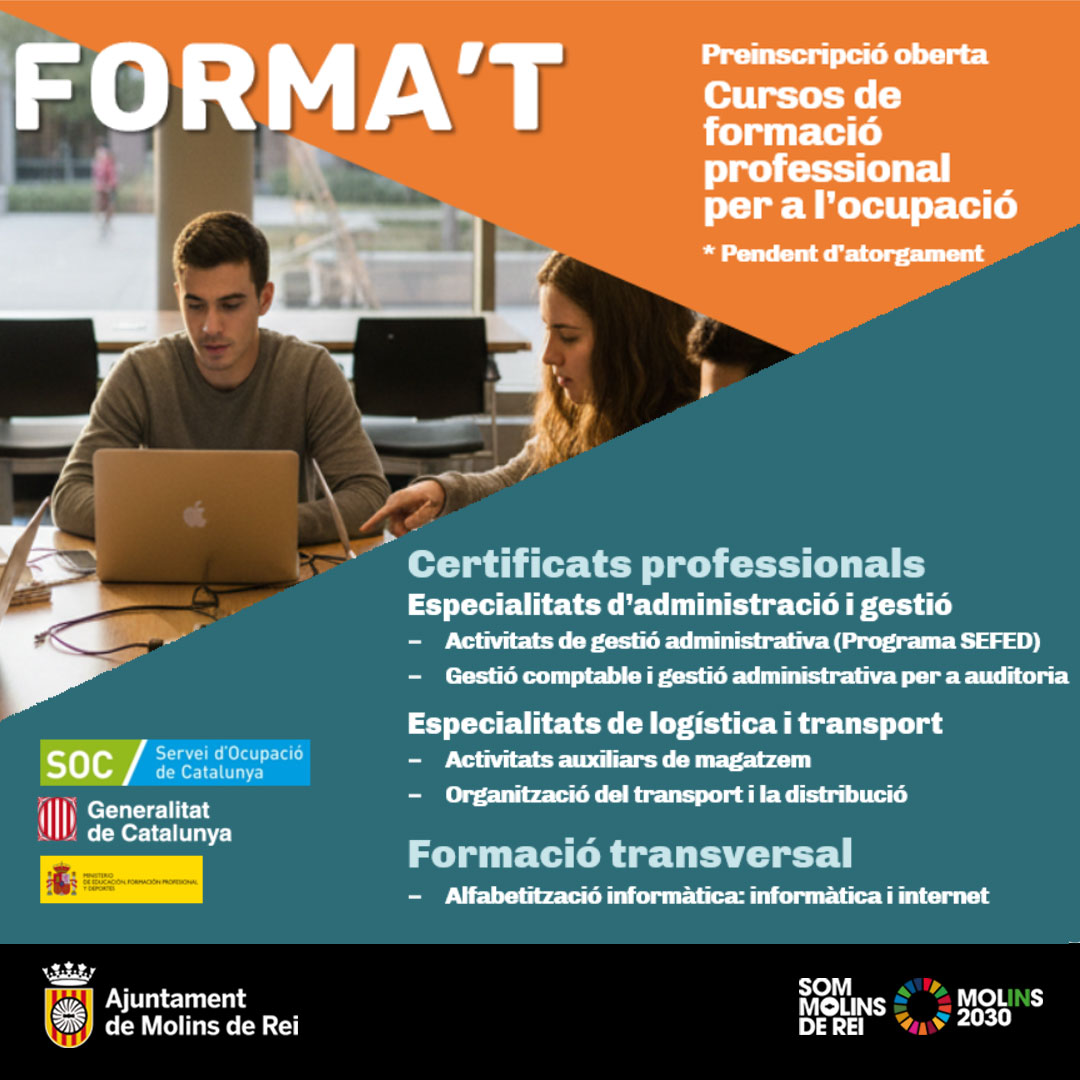 Ocupacio_MdR's tweet image. 🎓Oberta la preinscripció als cursos de Formació Professional per a l&apos;Ocupació de l&apos;@AjMolinsdeRei, convocatòria 2025-2026

🔗Per a més informació i reservar plaça, entra a molinsderei.cat/volsformarte/

#curs #formació #FPO #SEFED #administració #logística #CP #pràctiques #MolinsdeRei