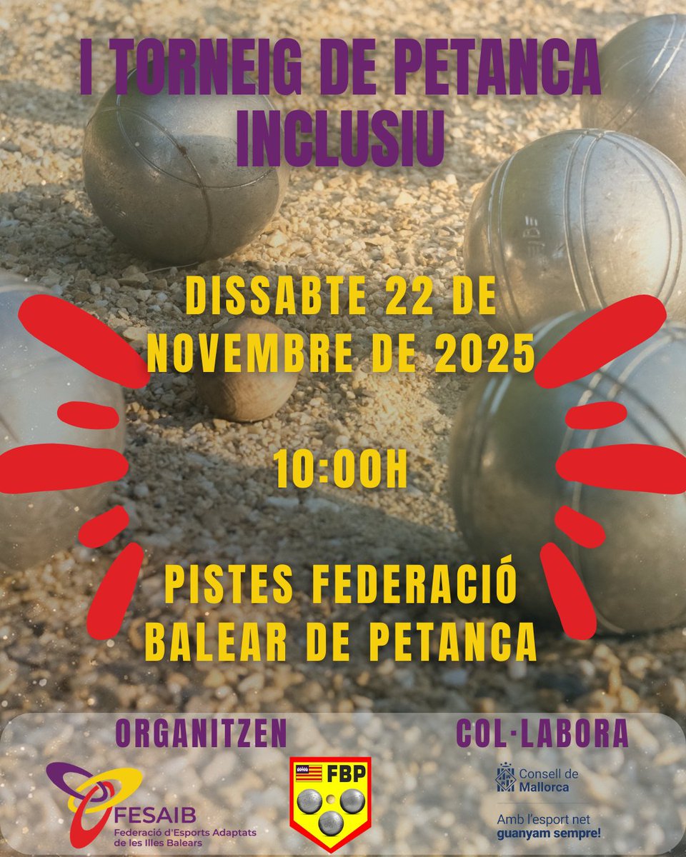 I TORNEIG DE PETANCA INCLUSIU

Demà es disputarà el I Torneig de Petanca Inclusiu a les Pistes de la Federació Balear de Petanca.

Un torneig que promou la igualtat d'oportunitats entre esportistes amb i sense discapacitat i que permet la plena inclusió.

<a href="/EsportsConsell/">Esports del Consell de Mallorca</a>