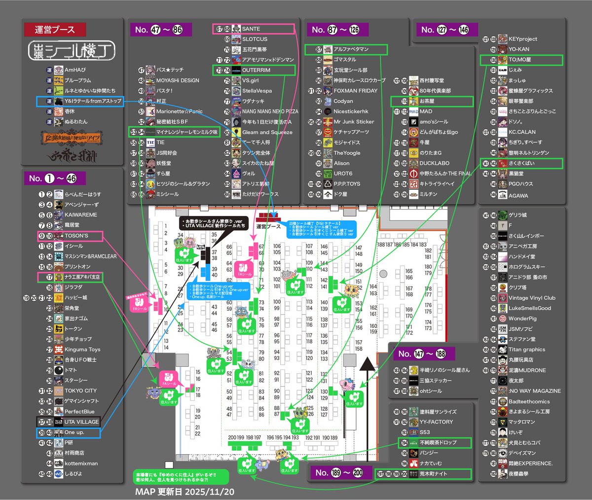 ウタビレアカウントにお品書き上げたので、ウタビレシール追ってくれてる人は最後まで読んで～！

そしてこれは板●サーカスと呼ばれた矢印付きMAP🙏
抜けがあったらごめんなさい…！