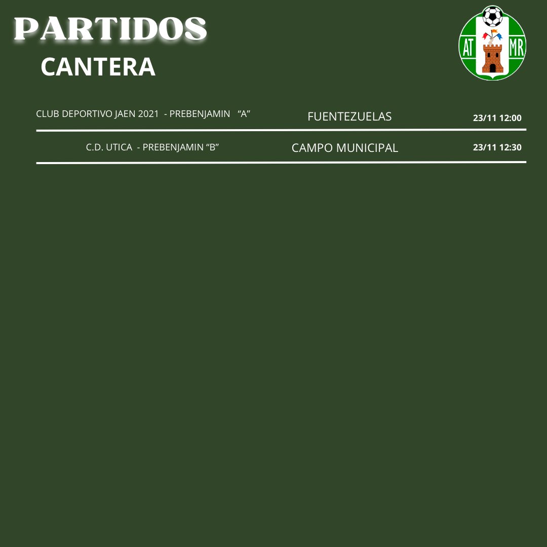 ℂ𝔸ℕ𝕋𝔼ℝ𝔸 𝕍𝔼ℝ𝔻𝔼

PARTIDOS DE NUESTRA CANTERA PARA ESTE FIN DE SEMANA💚⚽️

#CanteraVerde 👫

#somosmanchareal💚💜