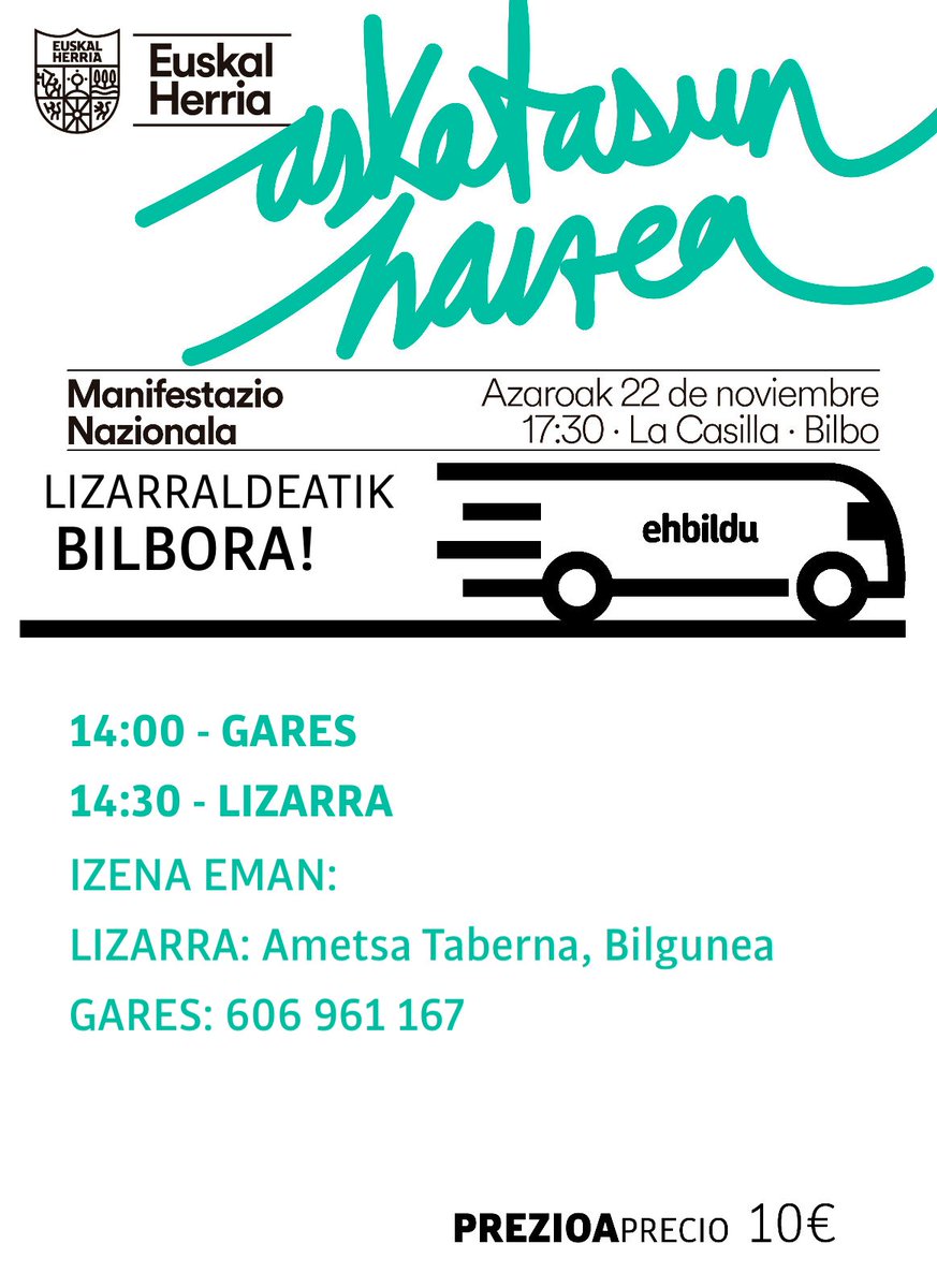 Oraindik aukera dago Bilboko manifara joateko Garesko autobusean izena emateko.

Aun te puedes apuntar en el autobus de gares para acudir a la mani de Bilbo. 

Anima zaitez!
