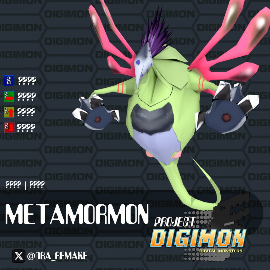 DRA_Remake's tweet image. Metamormon is the mastermind behind survival, absorbing data and transforming into most any digimon on the roster! Every ten waves he will transform into a boss. All characters have a Metamormon skin that&apos;s earned through survival with that character.

#projectdigimon #metamormon