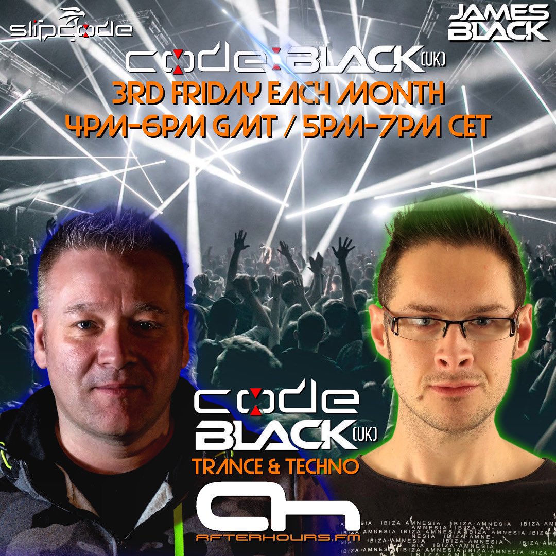 jamesblackdj's tweet image. 🚨ON AIR AT 4PM UK TIME!🚨 Join myself @jamesblackdj &amp;amp; @DJslipcode at 4pm on @AfterhoursFM for CODEBLACK (uk) - 2 hours of trance bangers to warm you up for the weekend! 

ah.fm/radiochannel/l…

#radioshow #trance #trancefamily #trancemusic #djmixes #weekendvibes