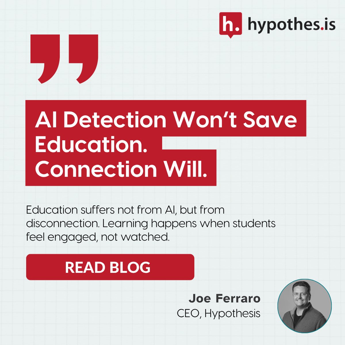 hypothes_is's tweet image. AI detection won’t fix education—connection will.
Social annotation helps students slow down, think deeply, and learn together.

Read the blog + rethink academic integrity with Hypothesis.

#HigherEd #TeachingAndLearning #AIinEducation #StudentEngagement #EdTech