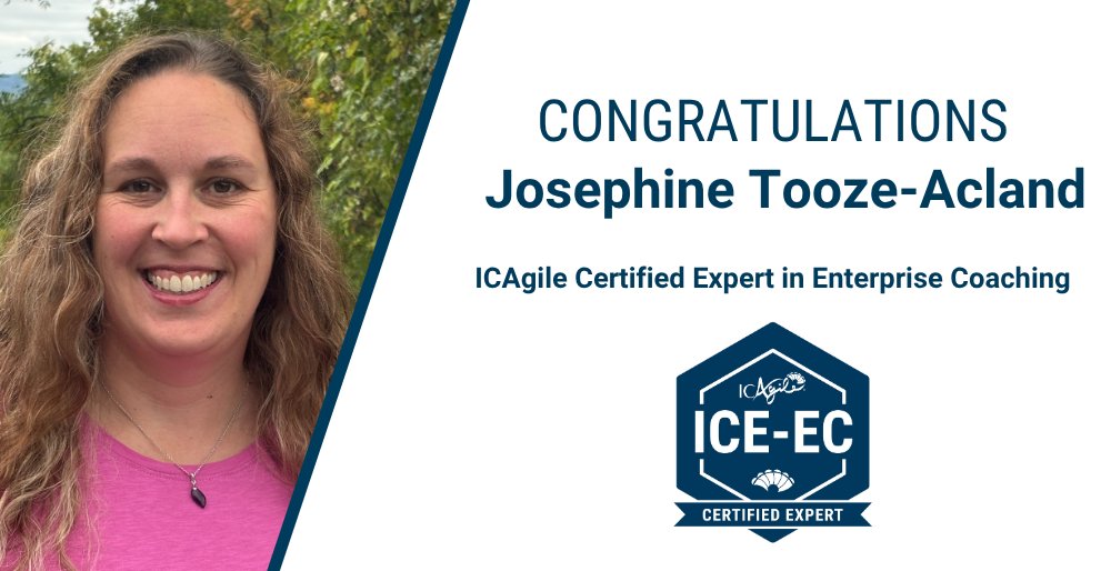 ICAgile's tweet image. Join us in celebrating Josephine Tooze-Acland, who earned the prestigious, competency-based ICAgile Certified Expert in Enterprise Coaching (ICE-EC) designation!

Learn more about competency-based certification for the discipline of Enterprise Coaching: hubs.la/Q03SFNtj0