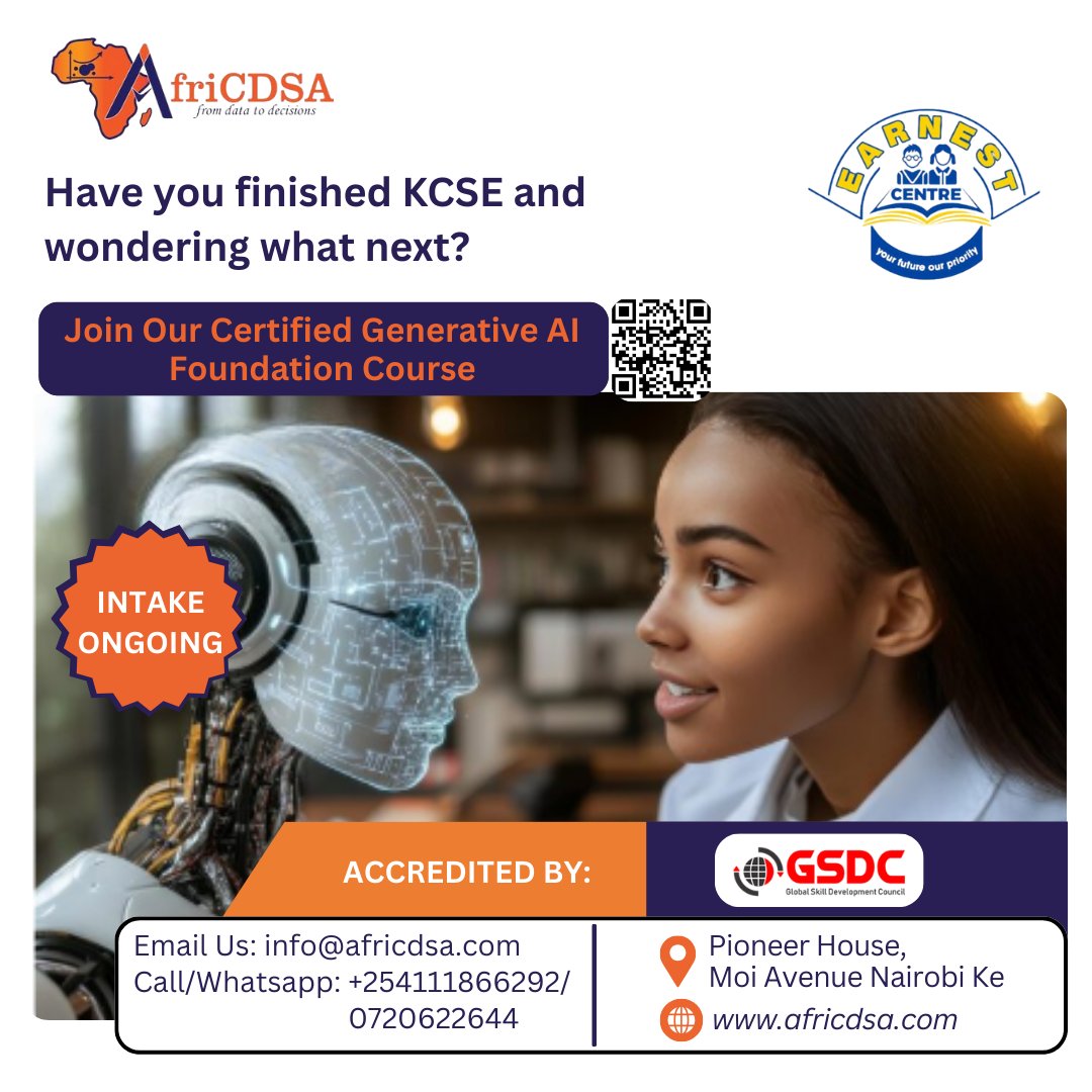 afri_cdsa's tweet image. Finished KCSE? Your future in tech starts NOW!
Step into the world of Generative AI with AfriCDSA &amp;amp; Earnest Learning Centre.
No experience needed just your curiosity and ambition.
Intake now ongoing!
#GenerativeAI #KCSE2025 #AfriCDSA #FutureSkills