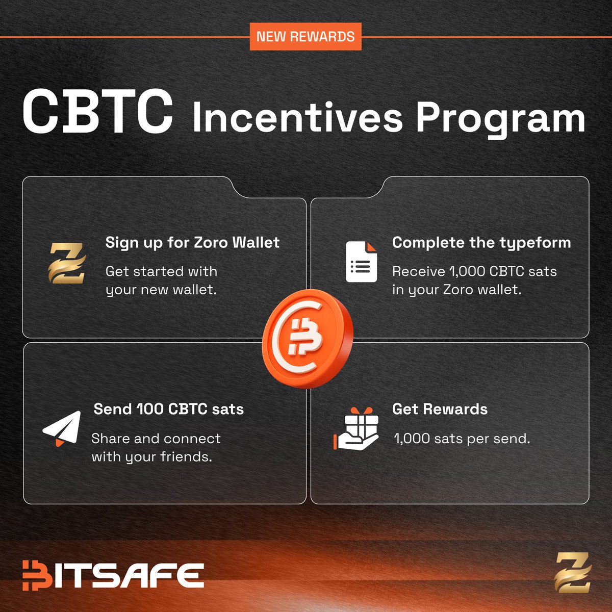 🚨 The ZoroWallet CBTC Incentive Campaign is now live!

Follow the steps to start earning:

1️⃣ Follow <a href="/BitSafe_Finance/">BitSafe</a> &amp; <a href="/zorowallet/">Zoro Wallet</a> on X
2️⃣ Sign up on Zoro Wallet → zorowallet.com/signup
3️⃣ Complete the Typeform to get 1,000 CBTC sats in your Zoro wallet
4️⃣ Send 100 CBTC sats