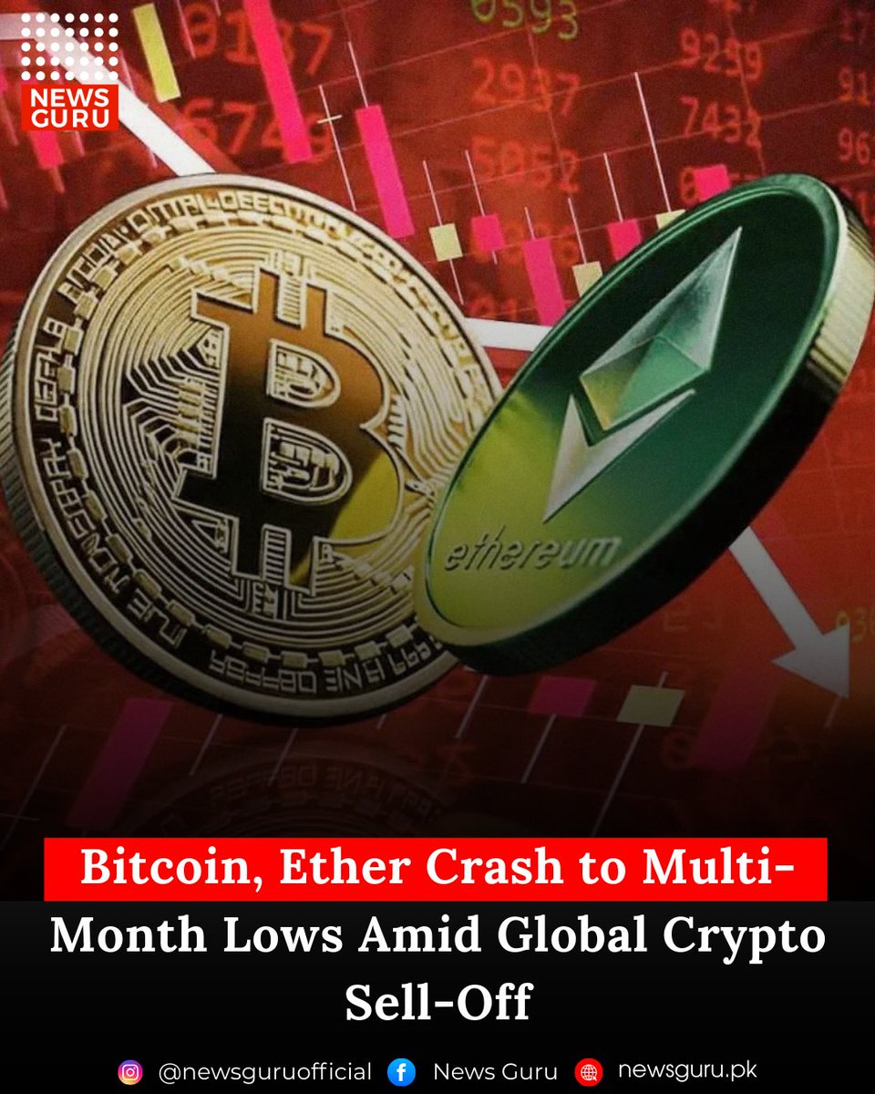 newsgurupk's tweet image. Crypto markets tumbled into chaos as Bitcoin and Ether slid to multi-month lows, triggering shockwaves across global trading floors. 
Read More : newsguru.pk/technology/bit…

#NewsGuru #BitcoinCrash #Ether #CryptoSellOff #CryptoMarket #BTC #ETH #CryptoNews #MarketVolatility