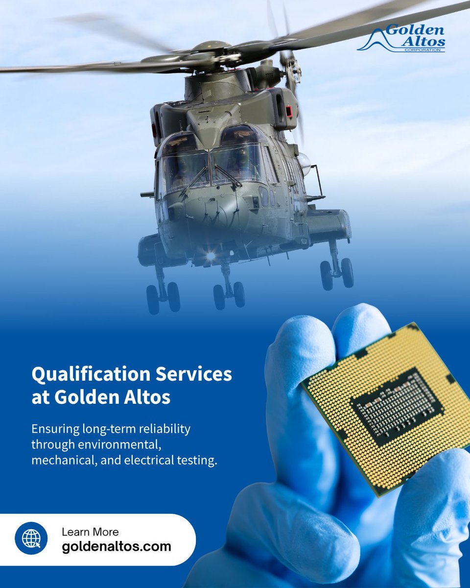 GoldenAltos's tweet image. Golden Altos provides full in-house Qualification Services to ensure device reliability and compliance with MIL-STD-883 and MIL-PRF-38535/38534. Tests include temp cycling, thermal shock, burn-in, hermeticity, mech shock, and more.
bit.ly/qualificationg…

#Microelectronics